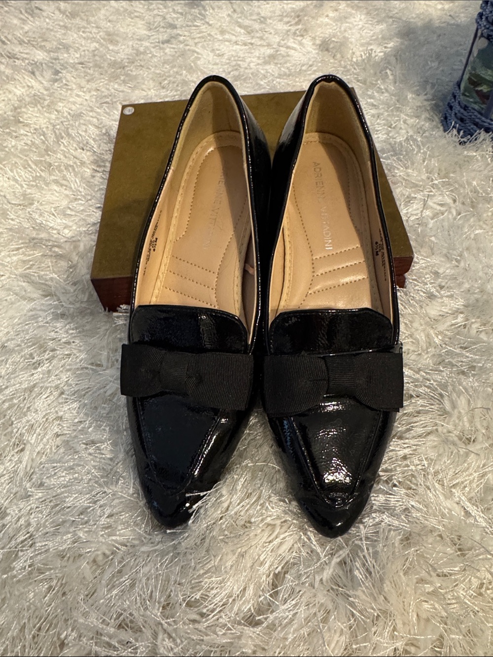 Adrienne Vittadini Black Patent Pointed Toe Bow Flats